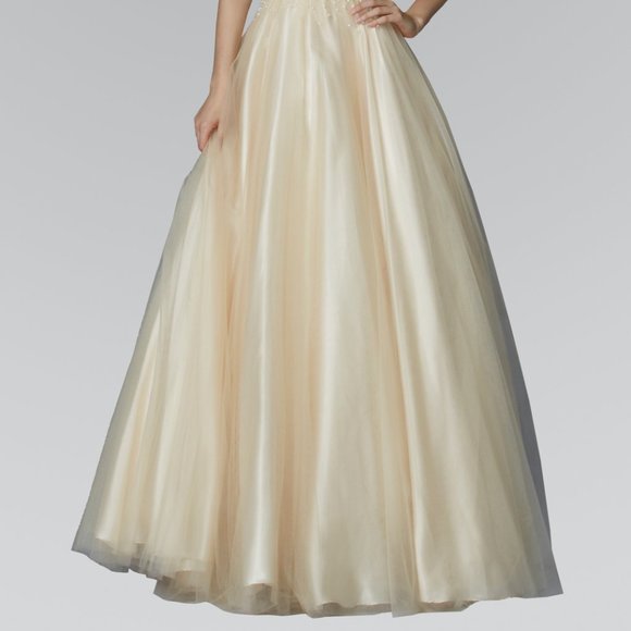 NEW LONG SLEEVELESS STRAPLESS A-LINE TULLE DRESS EMBROIDERED WITH PEARLS GL2155 - Picture 5 of 10